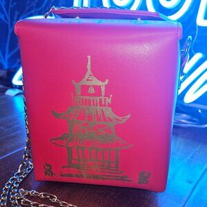 3AM FOREVER Red Chinese takeout bag with gold tone chain strap